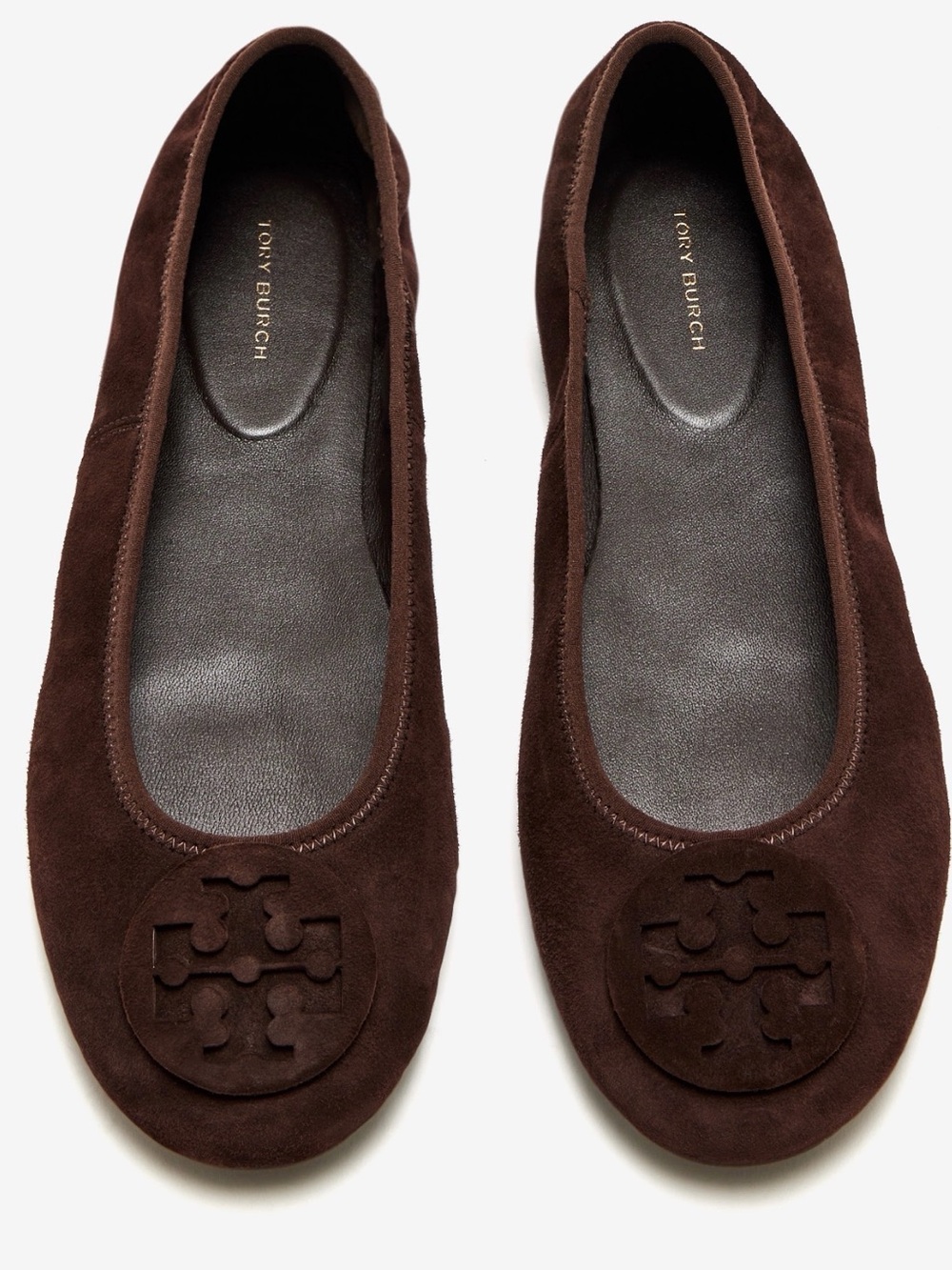 Brand new with box Tory Burch Dark Brown 100% Suede Logo Ballet Flats